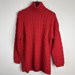 Vintage Wool Cable Knit Sweater Turtleneck‎ Womens Small Red Fisherman Old Money